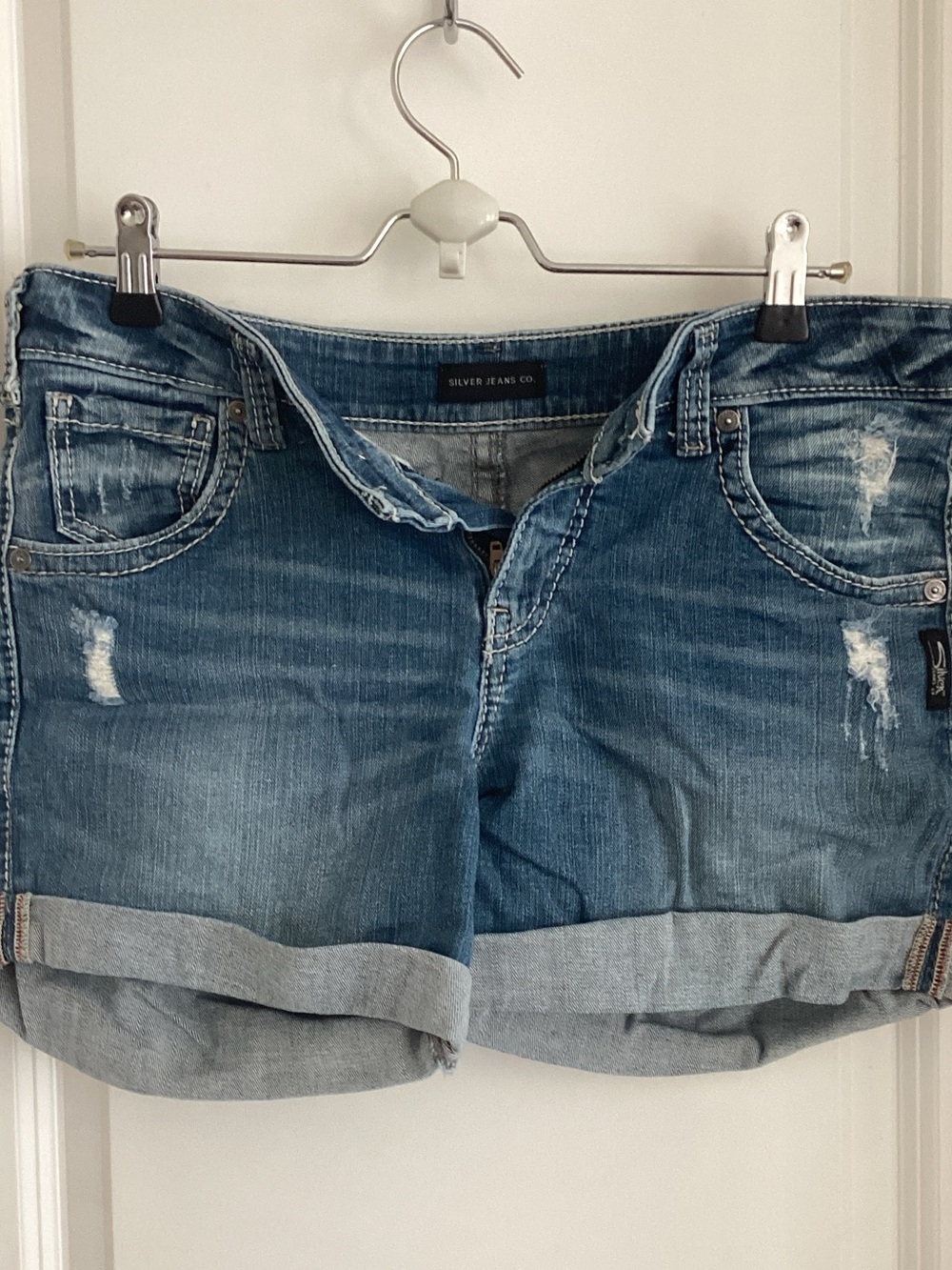 Silver Jeans Distressed Blue Rolled Cuff Denim Shorts